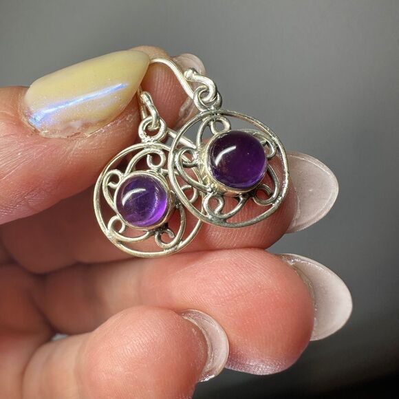 5mm amethyst cabochon dangle earrings in stamped sterling silver! - Picture 11 of 15